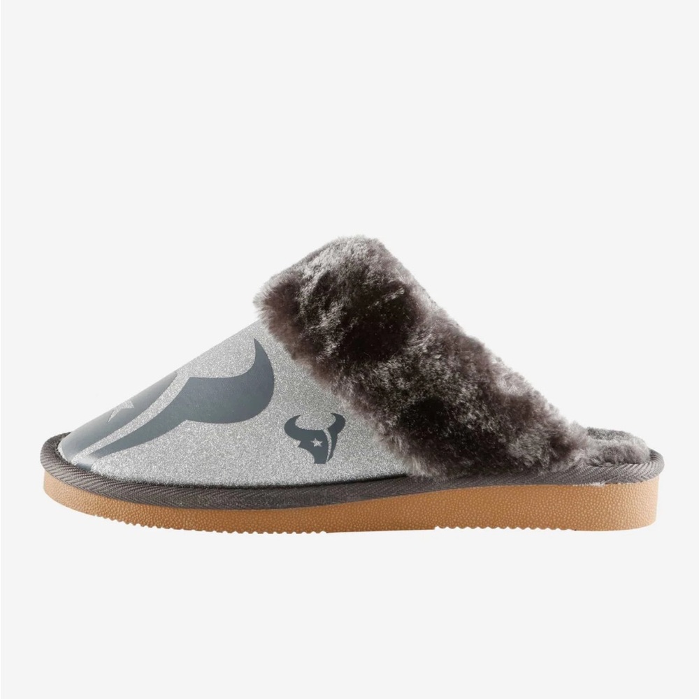 Foco Houston Texans Women's Gray Glitter Open Back Fur Moccasin Slipper Size 7-4